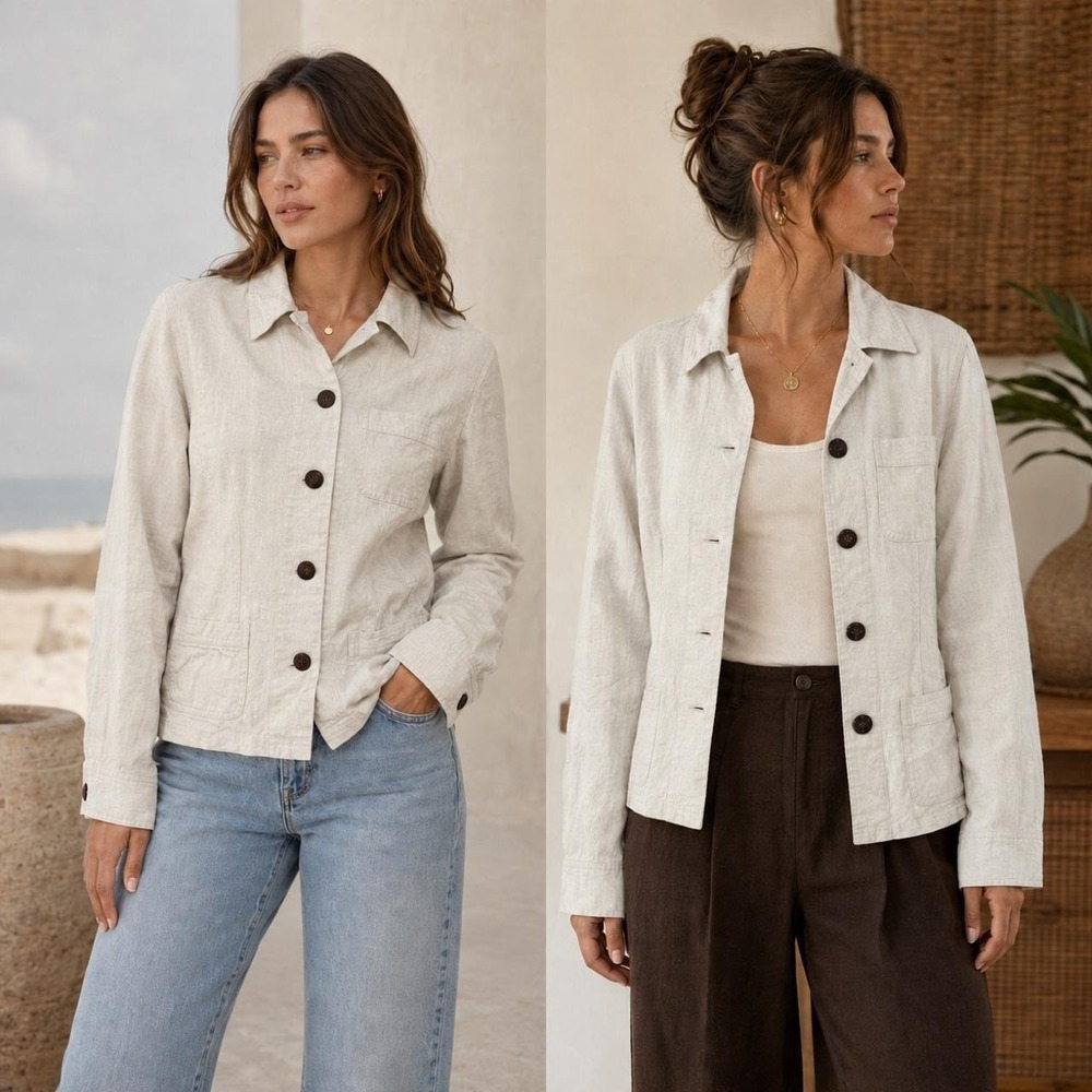 Women's M Oatmeal Linen Look‎ Chore Jacket Coastal Grandma Resortwear Vacation